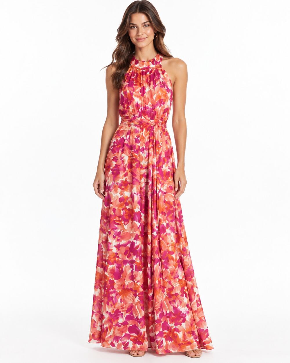 Petal & Pup Pink Orange Floral Halter Maxi Dress Size Medium NWT